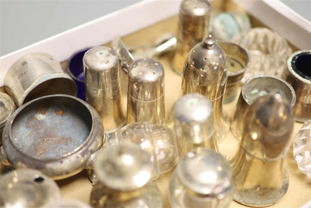 Eight assorted silver condiments including pair of Victorian mounted glass and a Georgian bun salt etc.